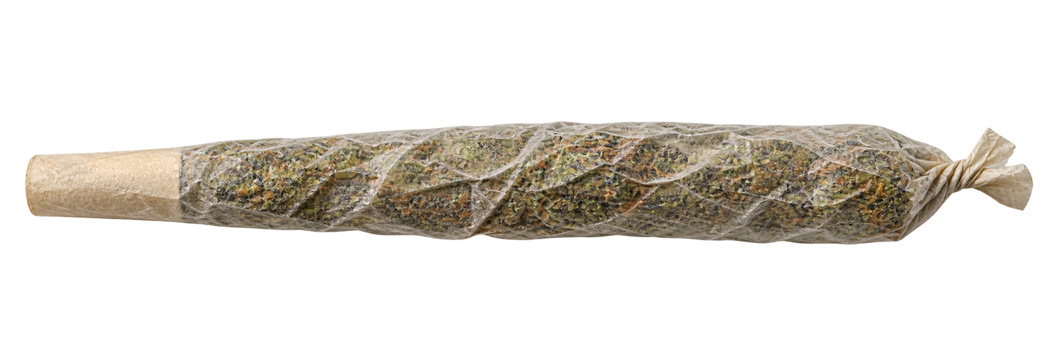 A hand-rolled joint, twisted at one end with a paper filter at the other
